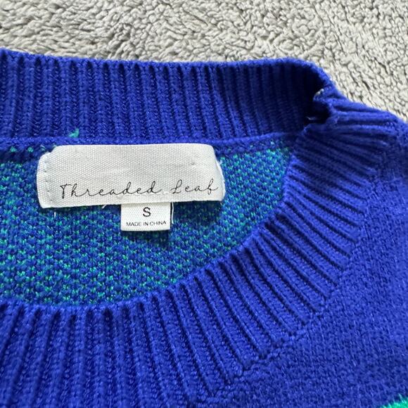 Threaded Leaf Dinosaur Knit Sweater Blue Pullover Womens S - Picture 3 of 8